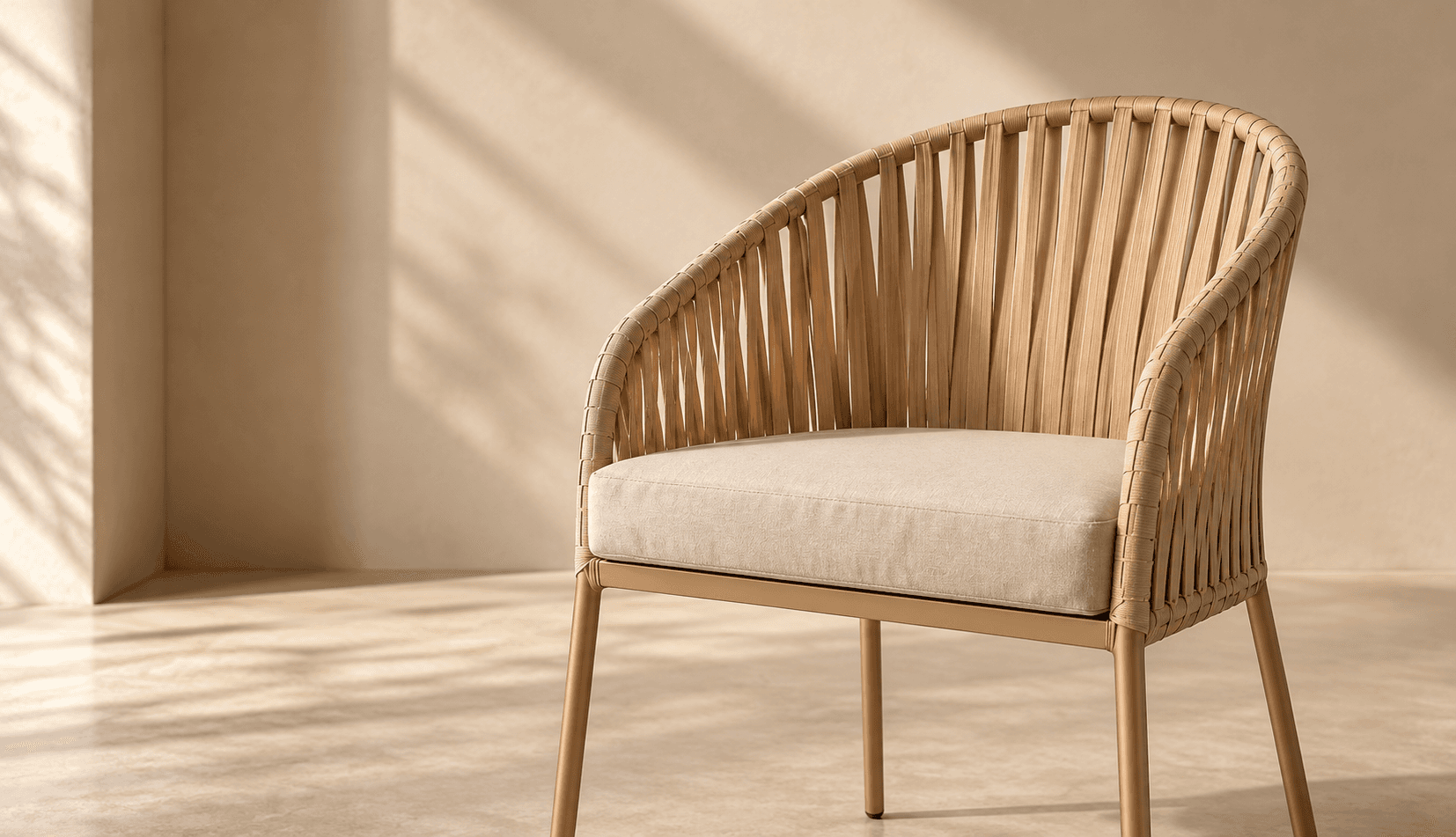 Acercamiento a una silla de nogal con asiento tapizado en color crema