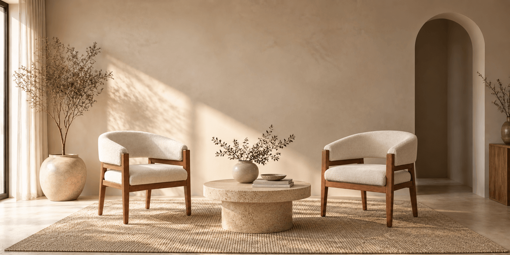 Sala de tonos neutros con sofá modular, mesa de madera y sillón
